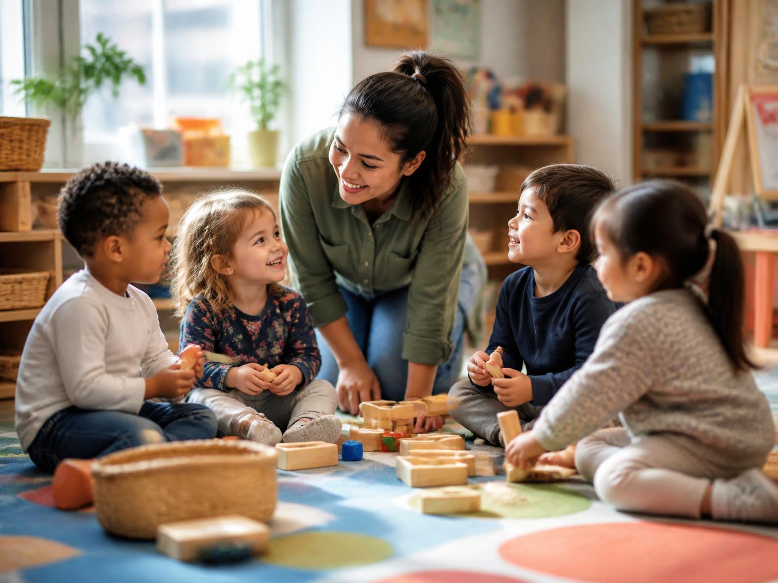 Preschool children playing and learning together with their teacher